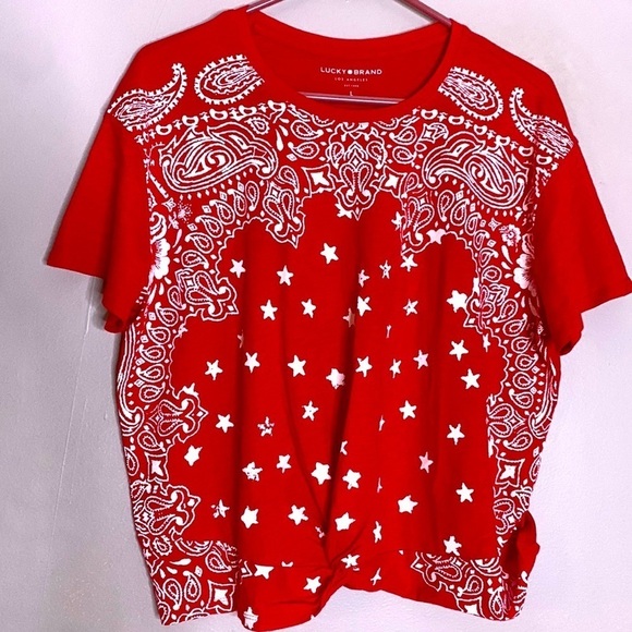 Lucky brand red paisley star print front knot crop T-shirt short sleeve large - Picture 1 of 4